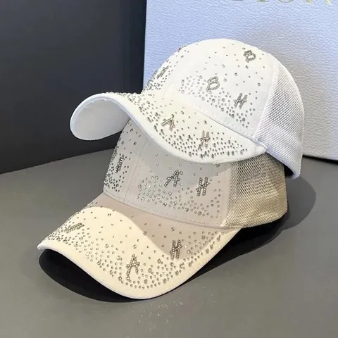 Cappellino da Baseball da Donna alla Moda con Lettere in Strass Rete Traspirante Protezione Solare Regolabile Outdoor Estate