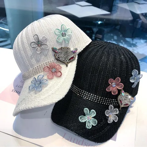 Cappello da Baseball in Maglia da Donna Dolce con Volpe di Strass e Fiori 3D Cappello con Visiera Protezione Solare Regolabile