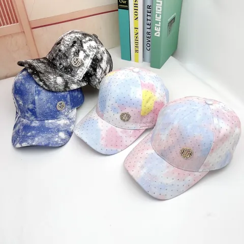 Gorra de Béisbol de Moda Tie Dye para Mujer con Adornos de Strass Logotipo Letra M Sombrero de Sol Ajustable de Algodón