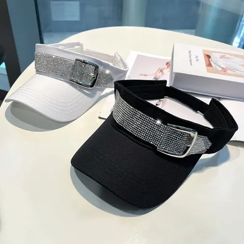 Women Cotton Sun Visor Hat Rhinestone Belt Buckle Decor Breathable Adjustable Summer Empty Top Hat For Outdoor Travel Beach