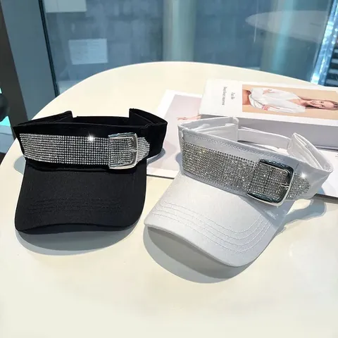 Women Cotton Sun Visor Hat Rhinestone Belt Buckle Decor Breathable Adjustable Summer Empty Top Hat For Outdoor Travel Beach