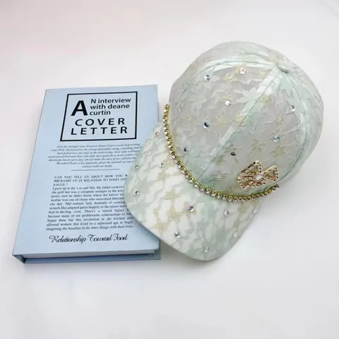 Fashion Women Lace Rhinestone Baseball Cap Sweet Floral Mesh Sun Hat Metal Bow Decor Adjustable Outdoor Travel Headwear
