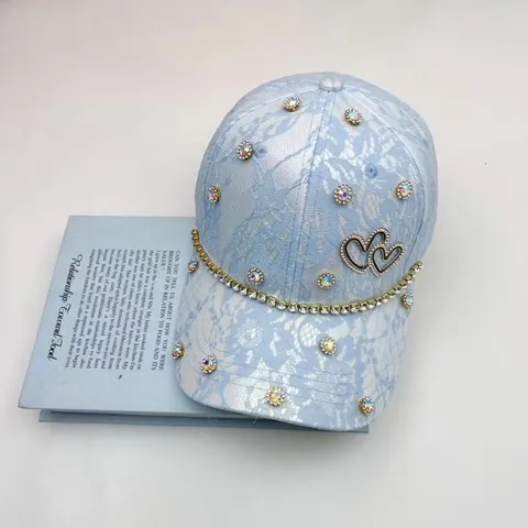 Rhinestone Heart Lace Baseball Cap For Women Fashion Sweet Breathable Sunshade Hat Adjustable Luxury Chic Outdoor Headwear