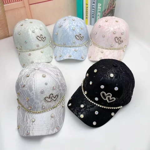 Rhinestone Heart Lace Baseball Cap For Women Fashion Sweet Breathable Sunshade Hat Adjustable Luxury Chic Outdoor Headwear
