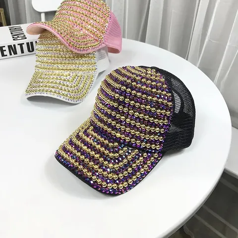 Luxury Women Rhinestone Mesh Baseball Cap Beaded Ponytail Sun Hat Breathable Adjustable Fashion Summer Trucker Mesh Hat