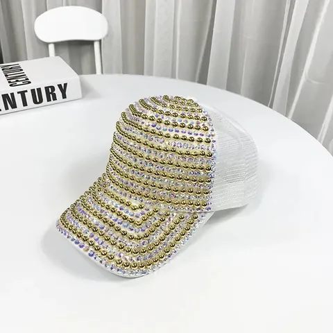 Luxury Women Rhinestone Mesh Baseball Cap Beaded Ponytail Sun Hat Breathable Adjustable Fashion Summer Trucker Mesh Hat