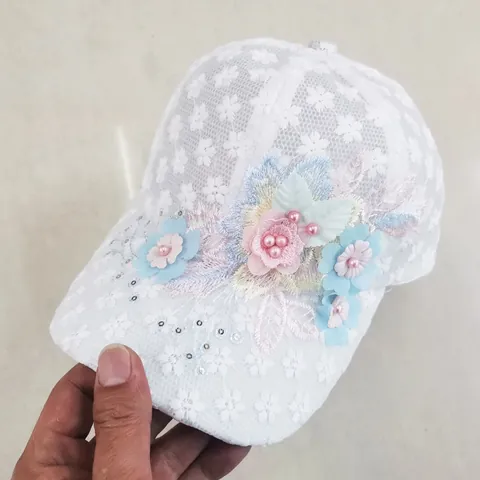 Gorra de Béisbol de Encaje Floral Dulce para Mujer Sombrero de Sol de Malla Transpirable con Flores de Organza 3D Perlas Artificiales