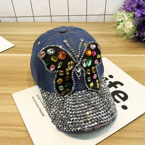 Berretto da Baseball in Denim con Farfalla di Strass Scintillanti da Donna in Cotone Consumato Regolabile con Tesa Larga Cappello da Sole Casual Moda Streetwear