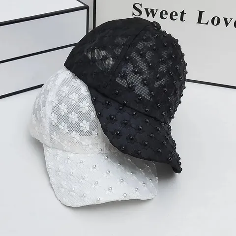 Casquette de Baseball en Dentelle pour Femmes Broderie Florale de Künstliche Perles Ajouré Mesh Respirant Chapeau de Soleil Été Réglable Élégant