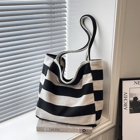 Borsa Tote in Tela a Righe da Donna Grande Capacità Borsa a Tracolla Casual per Pendolari Viaggi Shopping Handbag Minimalista Urbana