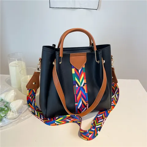 Dames PU Leren Tote Schoudertas Crossbodytas En Tasje Met Kleurrijke Geometrische Geweven Band Mode Etnische Handtas