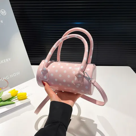 Women Fashion Polka Dot Barrel Bag PU Leather Handbag Mini Boston Shoulder Bag With Detachable Strap Retro Crossbody Bag