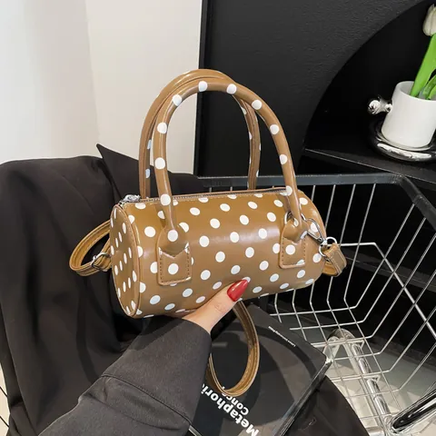 Women Fashion Polka Dot Barrel Bag PU Leather Handbag Mini Boston Shoulder Bag With Detachable Strap Retro Crossbody Bag