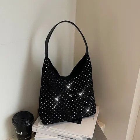 Women Fashion Rhinestone Hobo Bag Velveteen Underarm Shoulder Bag For Daily Party Black Silver Rhinestone Tote Handbag