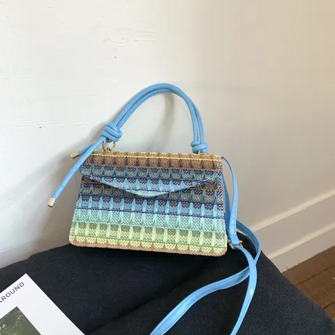 Borsa a Tracolla in Paglia da Donna Arcobaleno Intrecciata Borsa a Mano con Motivo a Onde Colorate Bohemienne con Manico e Tracolla