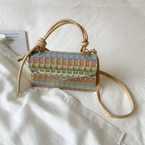 Borsa a Tracolla in Paglia da Donna Arcobaleno Intrecciata Borsa a Mano con Motivo a Onde Colorate Bohemienne con Manico e Tracolla