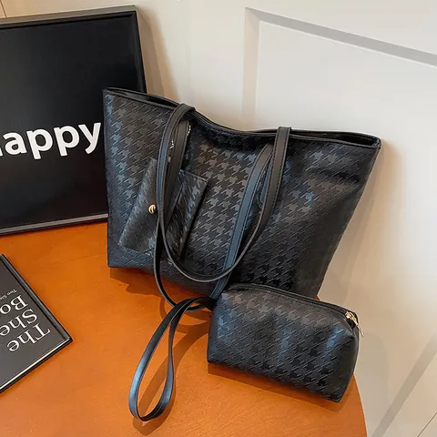 Retro Houndstooth Embossed PU Leather Tote Bag And Small Pouch For Women Large Capacity Shoulder Bag Trendy Fashion Handbag