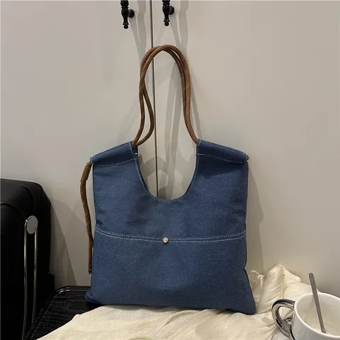 Women Casual Denim Tote Bag Minimalist Solid Color Shoulder Bag With Woven Rope Handle Contrast Stitching Daily Handbag