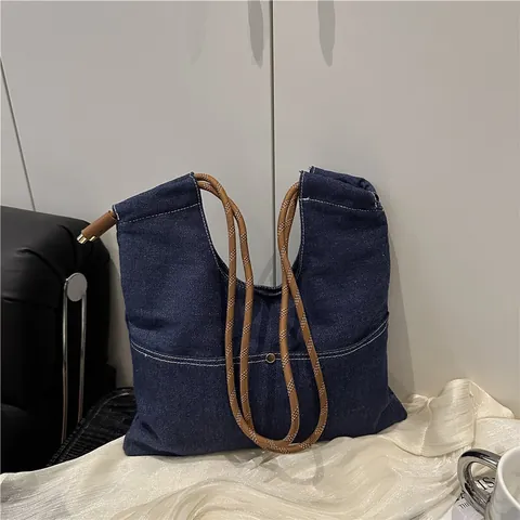 Women Casual Denim Tote Bag Minimalist Solid Color Shoulder Bag With Woven Rope Handle Contrast Stitching Daily Handbag