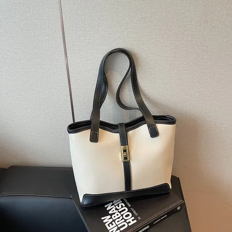 Bolso Tote de Gran Capacidad de Color de Contraste para Mujer de Cuero PU Bolso de Hombro Minimalista Con Hebilla de Metal