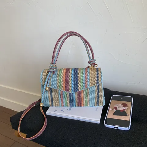 Sac à Main Tissé Rayé Vintage Pour Femmes Mode Été Sac Bandoulière Avec Poignée à Nœud Fermoir Magnétique Pochette