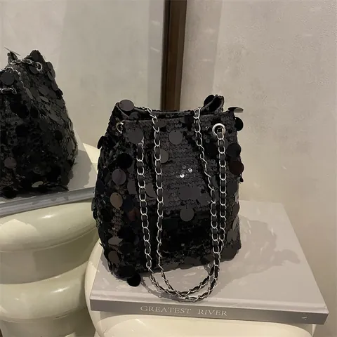 Mode Lovertjes Emmer Tas Voor Vrouwen Metalen Ketting Riem Glanzende Metallic Schouder Crossbody Tas Voor Feest Bruiloft Avond