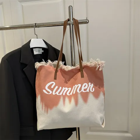 Bolso Tote de Lona para Mujer Estampado de Letras de Verano Tie-Dye Degradado Gran Capacidad Bolso de Hombro con Borde sin Rematar con Flecos Correas de Cuero de PU