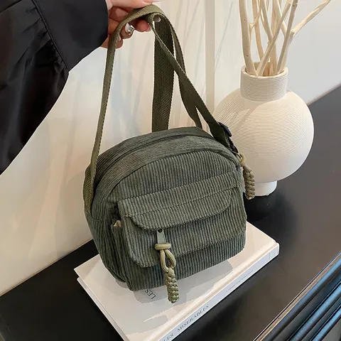 Damen Cord Umhängetasche Kleine Schultertasche Mit Vorderer Klappentasche Geflochtener Reißverschlussschieber Casual Daily Bag
