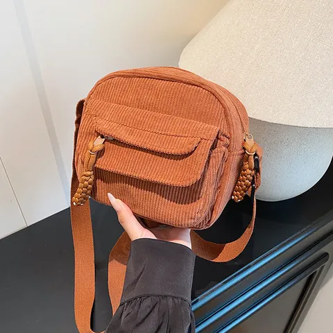 Korean Ins Style Corduroy Crossbody Bag For Women Solid Color Casual Small Square Shoulder Bag With Woven Puller Messenger Bag