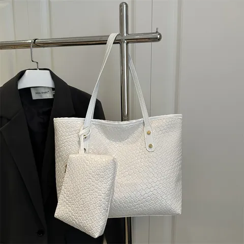 Borsa Tote in Pelle PU Intrecciata a Grande Capacità E Custodia Interna Da Donna Borsa a Tracolla Casual Retrò Con Decorazione Borchie Borsa Da Ufficio