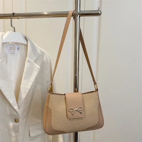 Sac à Épaule Femme avec Décoration de Nœud Cuir PU Patchwork Tissé Sac Sous le Bras Vintage Français Petit Sac Carré Sac à Main Décontracté d'Été