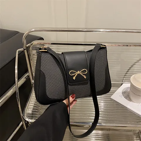 Sac à Épaule Femme avec Décoration de Nœud Cuir PU Patchwork Tissé Sac Sous le Bras Vintage Français Petit Sac Carré Sac à Main Décontracté d'Été