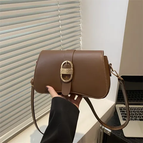 Damen Vintage PU Leder Schultertasche Minimalistisch Crossbody Unterachseltasche Mit Goldener Metallschnalle Retro Mode Handtasche