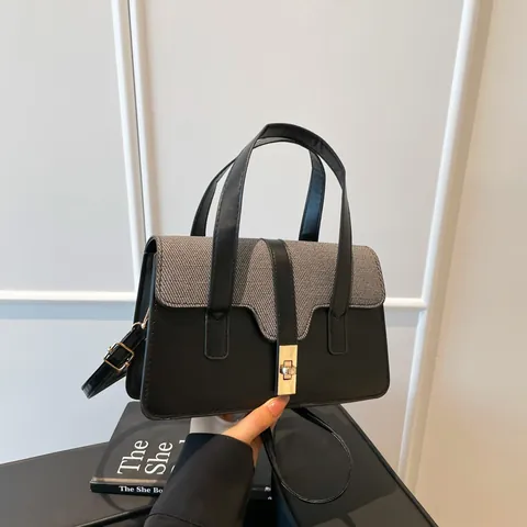 Bolso de Mano para Mujer de Cuero PU Patchwork Color Contraste Elegante Bolso de Hombro Con Cierre Dorado Bolso Cuadrado