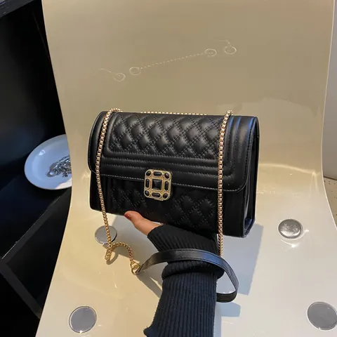 Bolso de Hombro Acolchado para Mujer Cuero PU Patrón Diamantes Bolso Cruzado Cadena Dorada Hebilla Joya Cuadrado