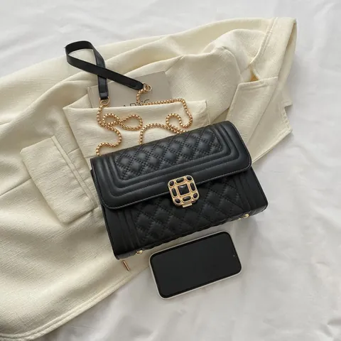 Bolso de Hombro Acolchado para Mujer Cuero PU Patrón Diamantes Bolso Cruzado Cadena Dorada Hebilla Joya Cuadrado
