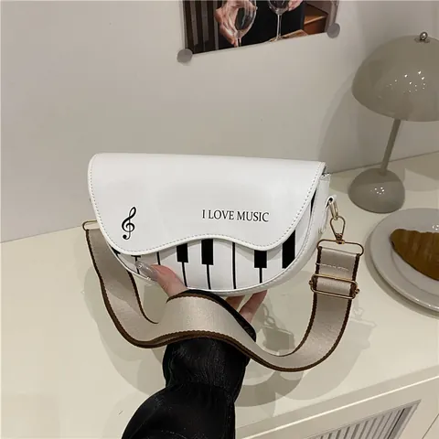 Borsa a Sella da Donna con Motivo Tastiera di Pianoforte in Pelle PU Retrò Artistica a Tracolla con Ampia Cinghia Regolabile