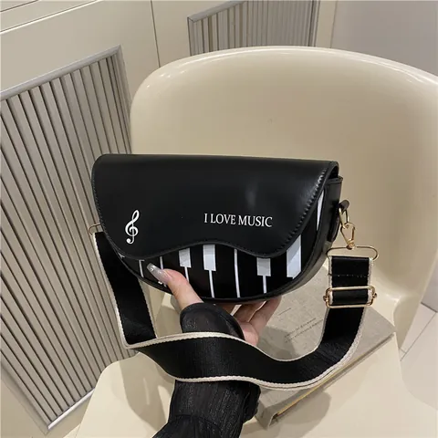 Borsa a Sella da Donna con Motivo Tastiera di Pianoforte in Pelle PU Retrò Artistica a Tracolla con Ampia Cinghia Regolabile
