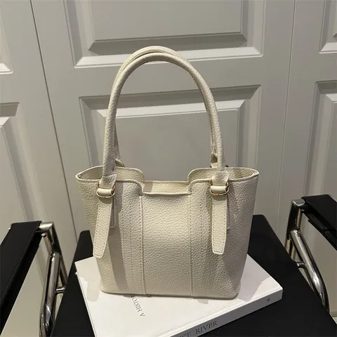 Women's Vintage Litchi Grain PU Leather Bucket Bag Minimalist Tote Shoulder Handbag With Gold Hardware Adjustable Strap