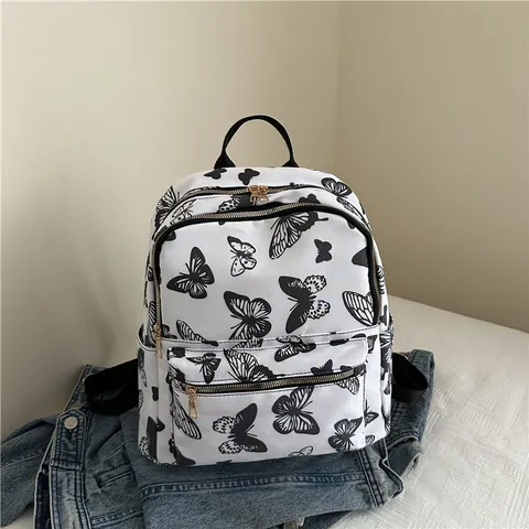 Women's Fashion Nylon Backpack Large Capacity School Bag With Butterfly Cherry Floral Print Casual Travel Daypack For Ladies