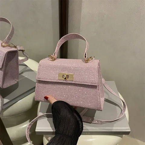 Borsa a Tracolla Donna in Pelle PU Glitterata Mini Borsa Quadrata Con Chiusura in Metallo e Manico per Feste e Banchetti