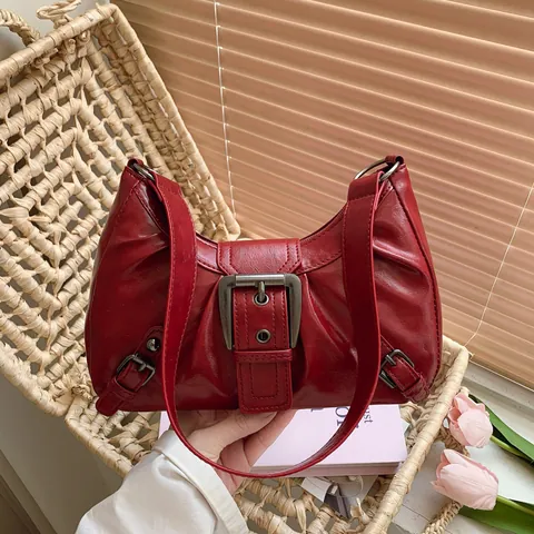 Vintage Gefaltete PU Leder Unterarmtasche Für Damen Große Metallschnalle Y2K Moto Stil Hobo Umhängetasche Alltag Pendeln Handtasche