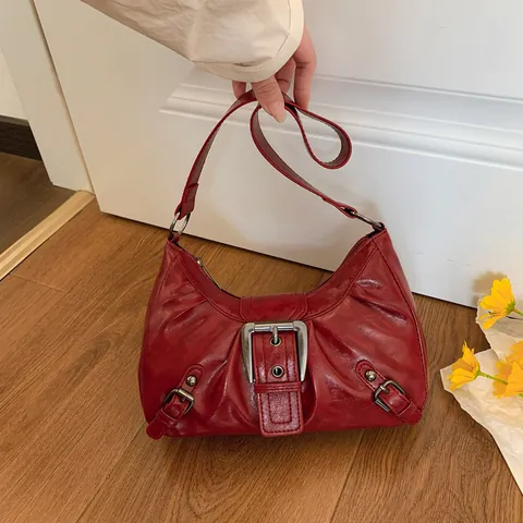 Vintage Gefaltete PU Leder Unterarmtasche Für Damen Große Metallschnalle Y2K Moto Stil Hobo Umhängetasche Alltag Pendeln Handtasche