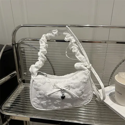 Bolso de Hombro Jacquard Floral para Mujer Asa Fruncida Lazo Colgante Corazón Estilo Coreano Dulce Hobo Media Luna Bolso Nube Bolso de Axila