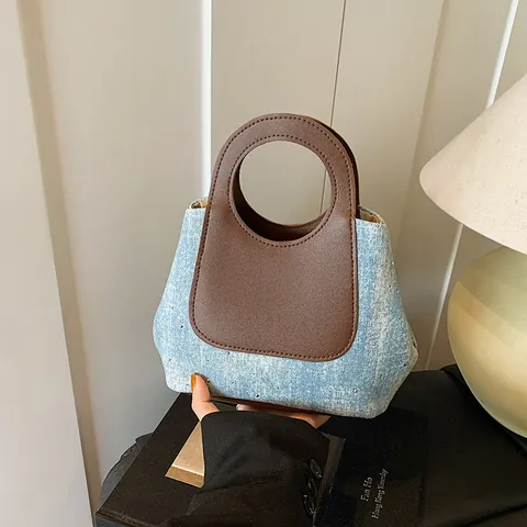 Women Patchwork Denim Handbag Rhinestone Bucket Bag With Circular Hollow Handle Contrast Color PU Leather Splicing Casual Daily Small Shoulder Bag