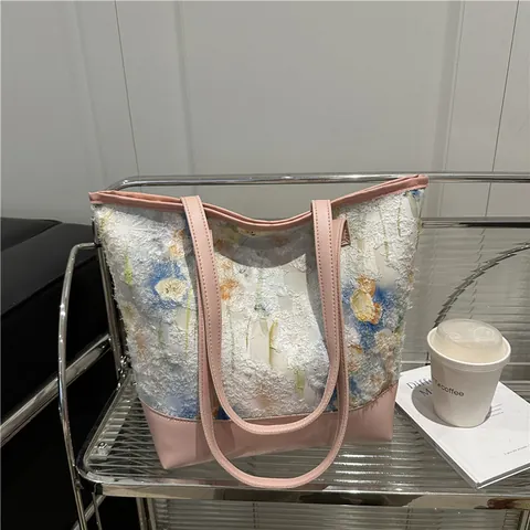 Dames Bloemen Kant Tote Bag Grote Capaciteit Patchwork Leer Schoudertas Elegante Handtas Met Bloemenpatroon Voor De Zomer