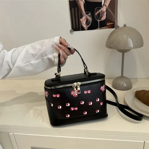 Borsa Vanity Case in Pelle PU Con Stampa Ciliegie Vintage Con Manico Superiore Tracolla Regolabile Per Donna Borsa a Tracolla Regalo