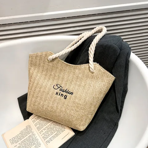 Dames Mode Stro Tote Tas Grote Capaciteit Met Katoenen Touw Handvat Borduurwerk Letter Casual Zomer Strand Schoudertas