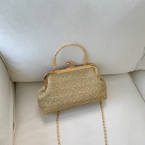 Borsa Clutch Intrecciata Vintage da Donna Elegante Borsa da Sera per Banchetti Con Manico in Metallo e Tracolla a Catena