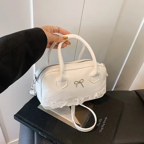 Borsa Boston da Donna Stile Coreano Balletcore in Pelle PU Fiocco Pizzo Dolce Borsa a Mano Tracolla Elegante da Pendolare